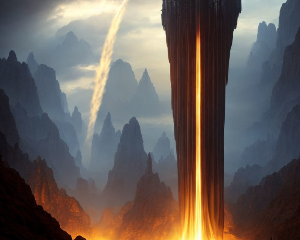 Majestic rocky spires and fiery waterfall in twilight landscape