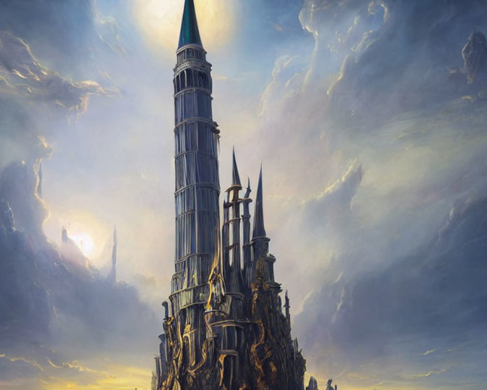 Ethereal fantasy castle on craggy island under moonlit sky