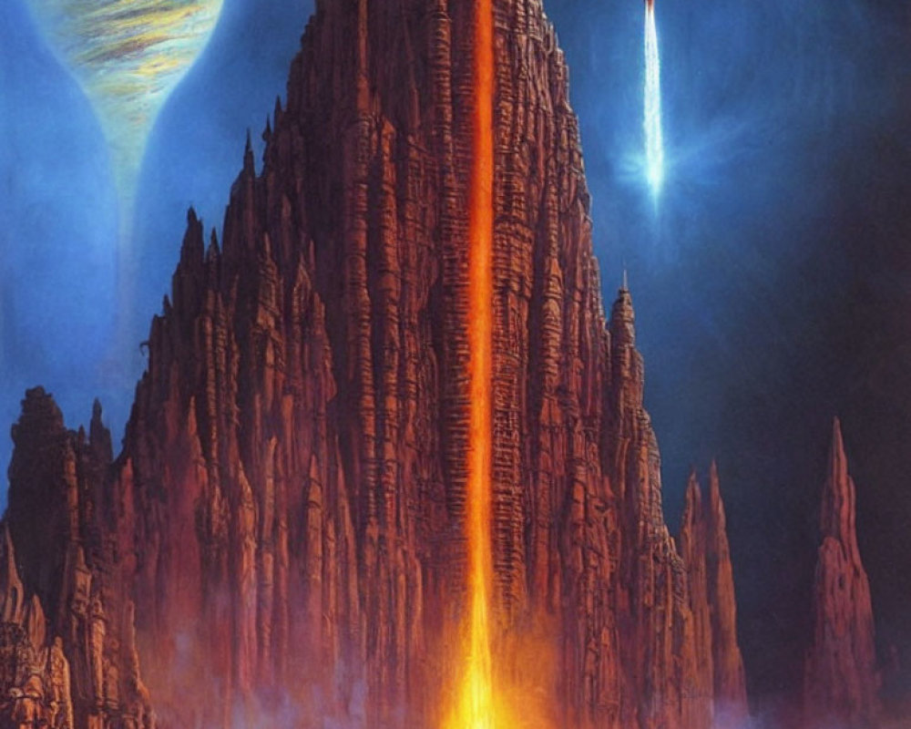 Sci-fi landscape with towering spire and bright beam amidst rugged terrain