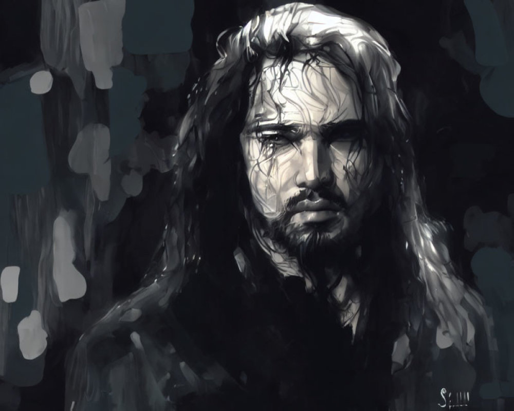 Monochromatic digital painting of pensive man with long hair