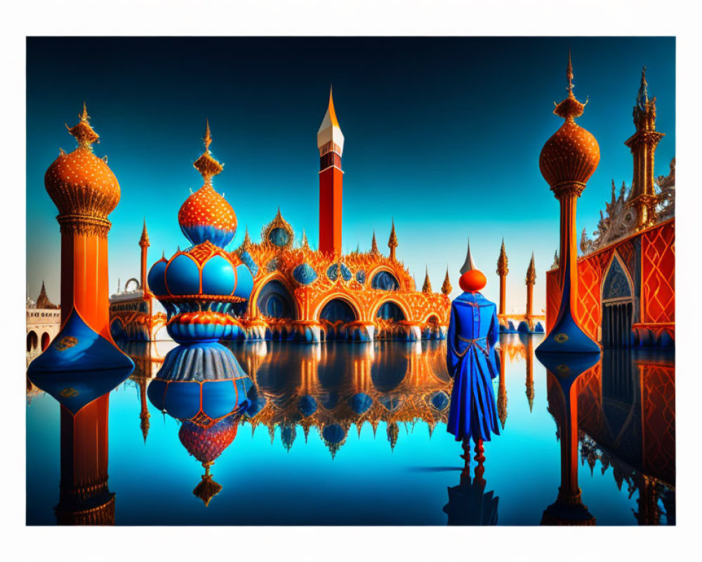 Vibrant, ornate cityscape with figure in red and blue by water