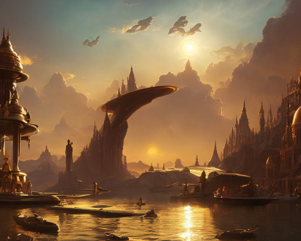 Futuristic sci-fi cityscape at golden sunset with flying craft.