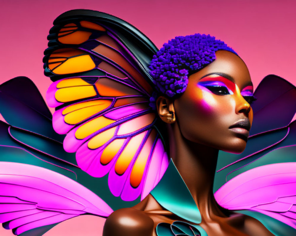 Colorful digital artwork of woman with butterfly wings on pink background