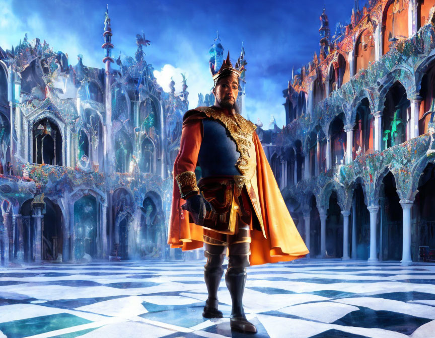 Regal figure in crown and armor in grand Gothic palace landscape