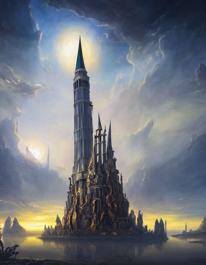 Ethereal fantasy castle on craggy island under moonlit sky