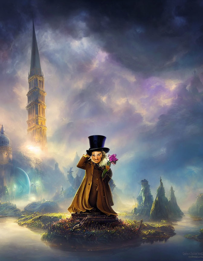 Child with top hat holding flowers in whimsical artwork with magical landscape.