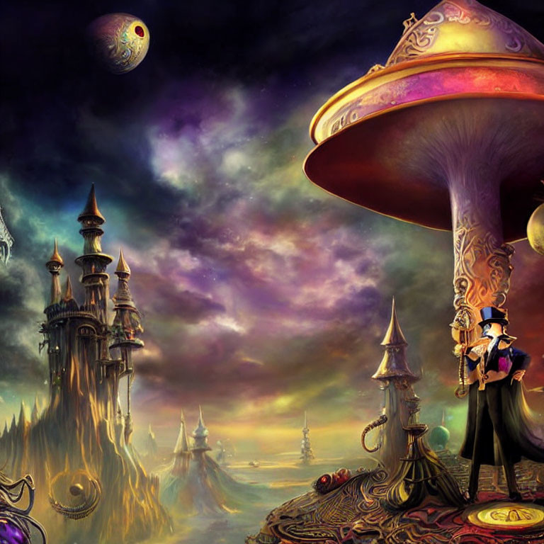 Man in suit in surreal landscape with cosmic skies and whimsical castles