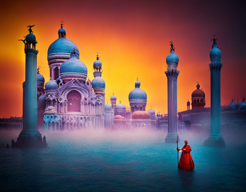 Person in red dress on water near misty blue palace at sunset