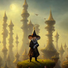 Person in top hat in fantastical landscape with towering spires, floating lanterns, and luminous
