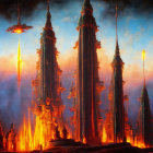 Futuristic cityscape with tall towers, spacecraft, and fiery sky