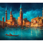 Vibrant, ornate cityscape with figure in red and blue by water