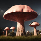 Colorful Stylized Mushrooms with Large Pink Cap and Intricate Gills on Twilight Background