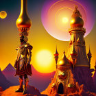 Fantastical landscape with towering spires under large moon and purple sky.