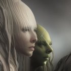 Two female-like figures with pale skin and cybernetic features in close-up.