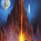Sci-fi landscape with towering spire and bright beam amidst rugged terrain