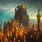 Opulent golden-domed cityscape with floating structures in mystical sky