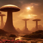 Fantasy landscape with towering mushroom-like trees under starry sky and two moons, surrounded by red flora