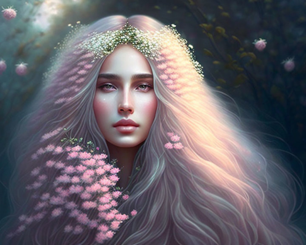 Digital Artwork: Woman with Blossom-Adorned Hair in Floral Setting
