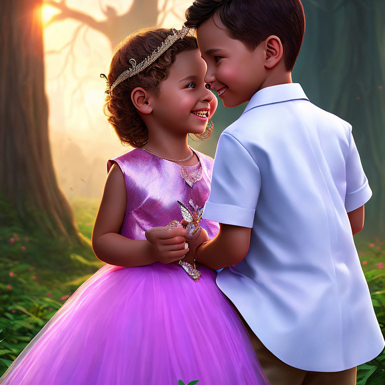 Two animated children in a white shirt and purple dress share a happy moment in a sunlit forest