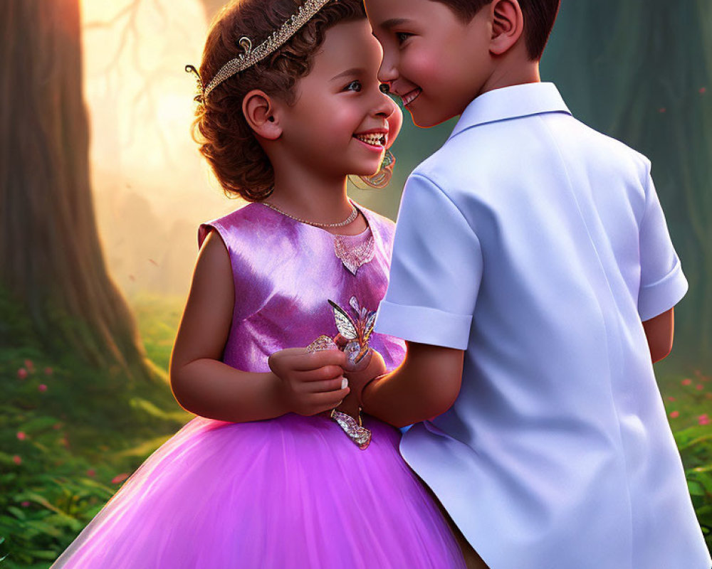 Two animated children in a white shirt and purple dress share a happy moment in a sunlit forest