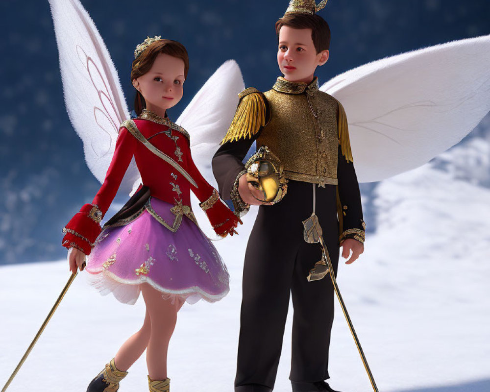 Animated children in royal costumes with wings holding scepters in snowy scenery