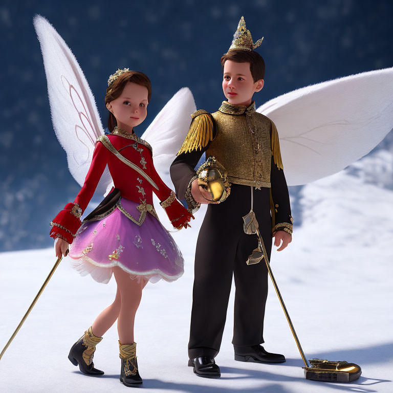 Animated children in royal costumes with wings holding scepters in snowy scenery