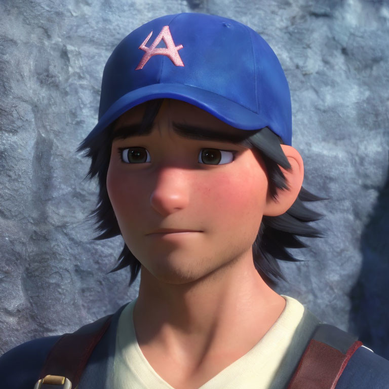 Young Male Character in Blue Cap with Concerned Expression Against Stone Wall