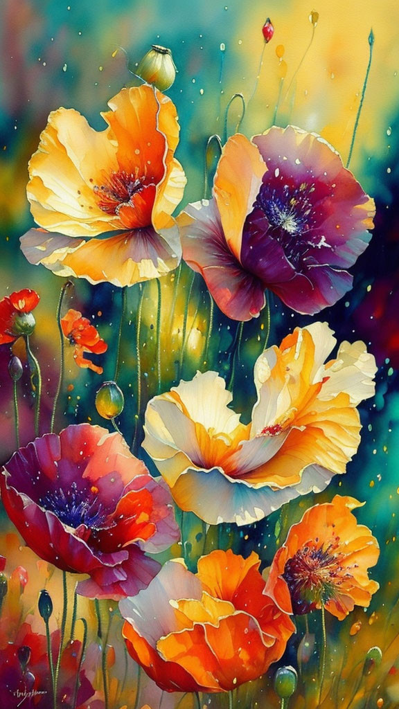 Colorful Poppy Flowers with Water Droplets on Multicolored Background