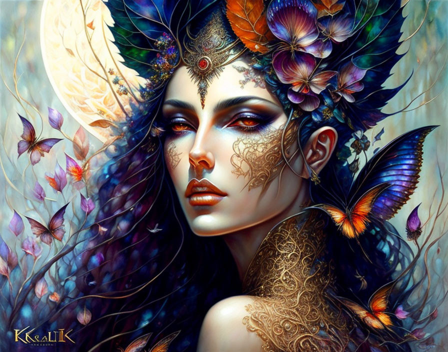 Fantastical portrait of woman with butterfly motifs and vibrant flowers