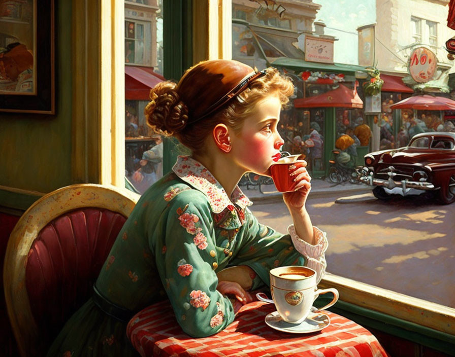 Woman in Floral Dress Sipping Coffee at Cafe Table by Window