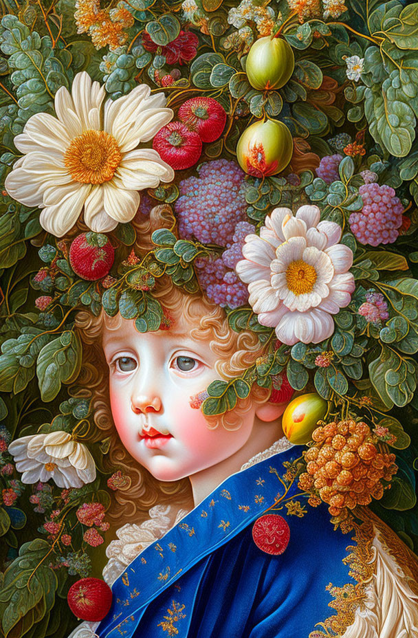 Child's face merged with vibrant flowers, fruits, foliage, blue fabric, and golden accents.