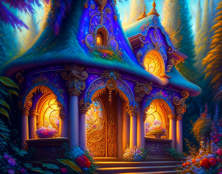 Colorful Fantasy Cottage in Mystical Forest with Glowing Windows