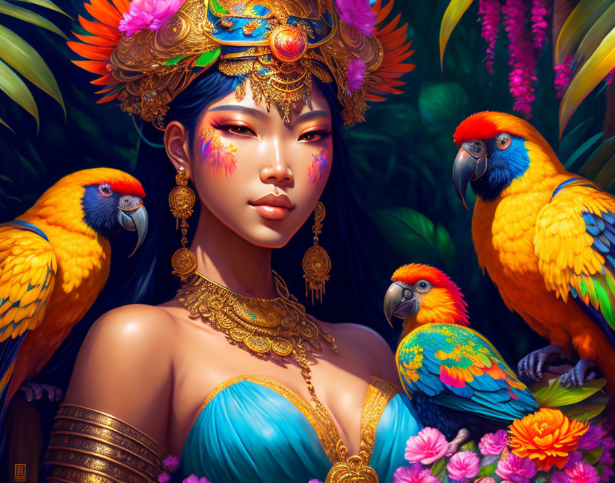 Colorful woman in ornate attire with parrots and tropical foliage