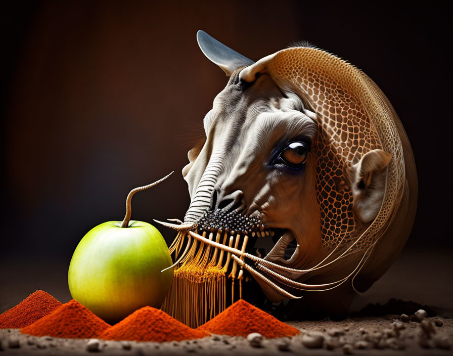 Stylized antelope head slicing apple with knife on dark background