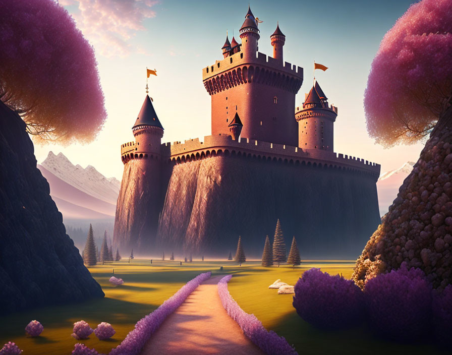 Whimsical castle on cliff with pink trees and winding path