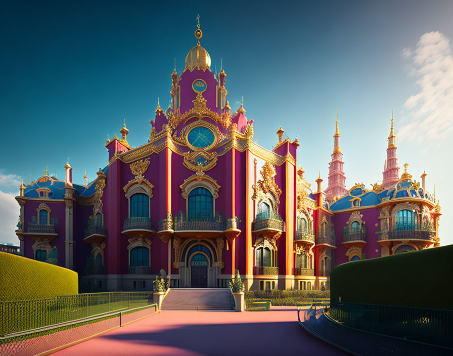 Colorful ornate building with golden domes and pink & purple facades under clear blue sky