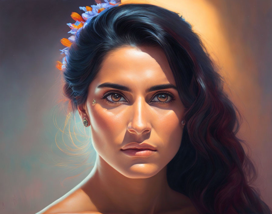 Dark-haired woman with flower crown and intense gaze under soft warm light