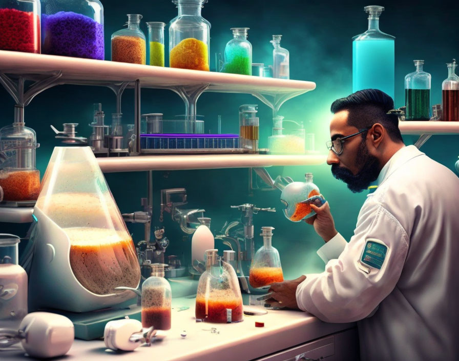 Scientist Examines Flask in Colorful Laboratory Scene