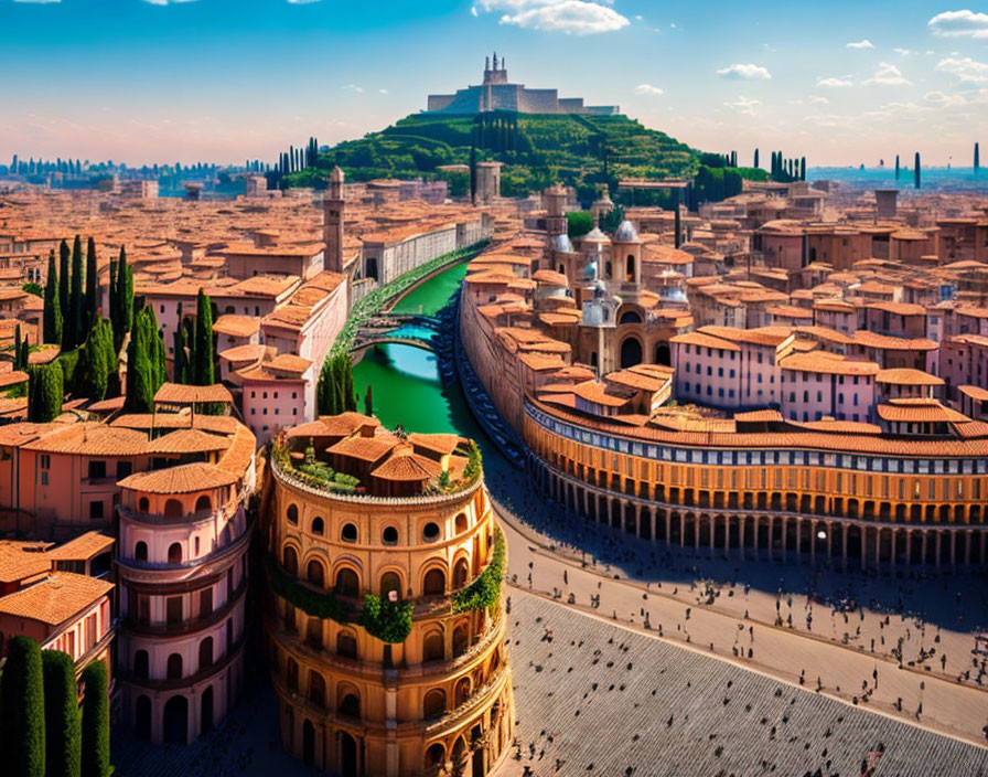 Italian cityscape with historical buildings, square, river, bridge, and hilltop structure
