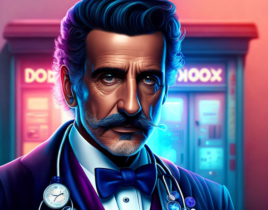 Digital portrait of a man in suit and stethoscope with unique hair and mustache, set against