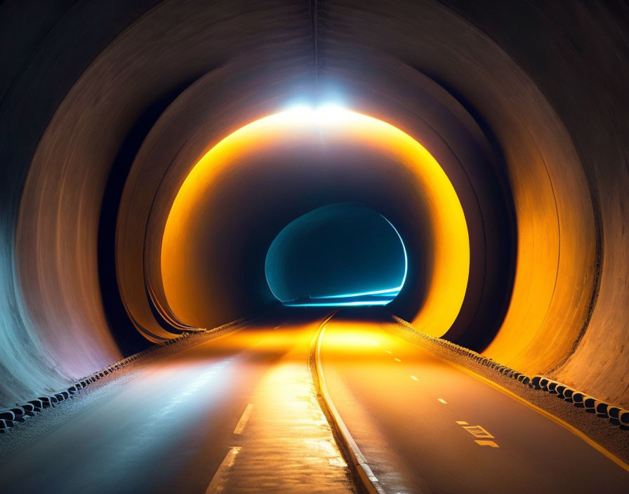 Circular Tunnel with Orange Walls and Bright Exit on Slick Roadway