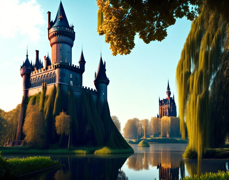 Fairytale castle with multiple spires by calm lake and willow branches