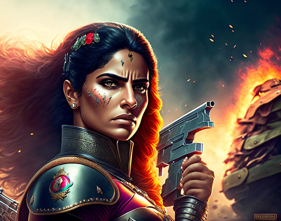 Fierce warrior woman with jeweled headpiece and futuristic gun in fiery explosion scene