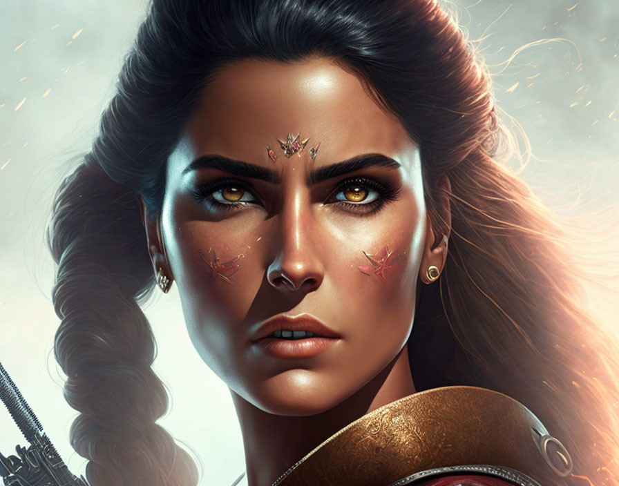 Digital illustration: Woman with braided hair, green eyes, star face jewelry, armor
