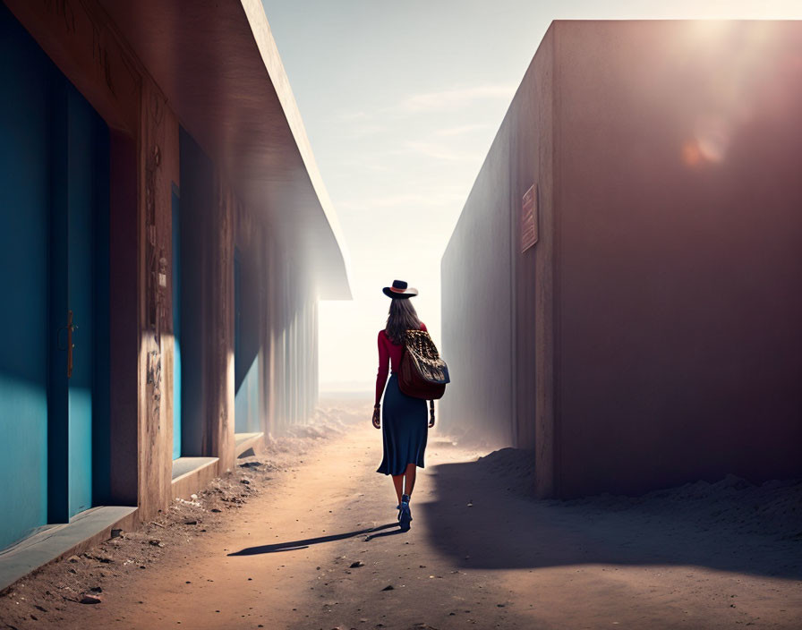 Person in red dress and hat walking between buildings under hazy sky.