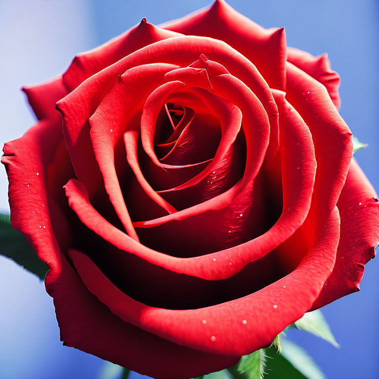 Vibrant Red Rose Close-Up with Soft Petals and Blurred Blue Background