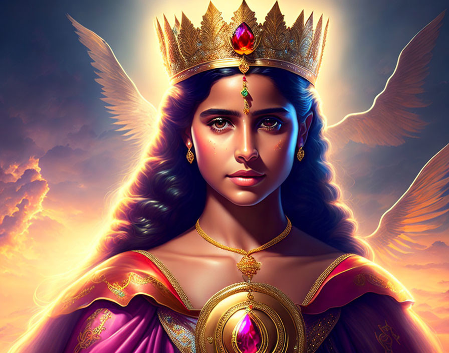 Regal woman with angel wings and golden crown gazes against dramatic sunset clouds