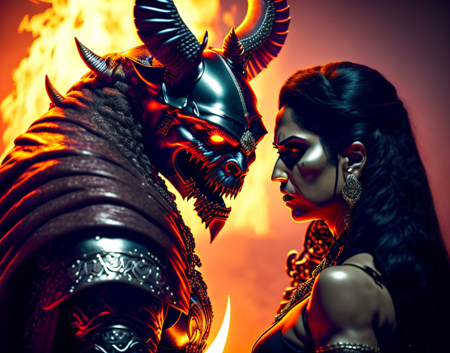 Demonic warrior and woman with dramatic makeup in fiery setting