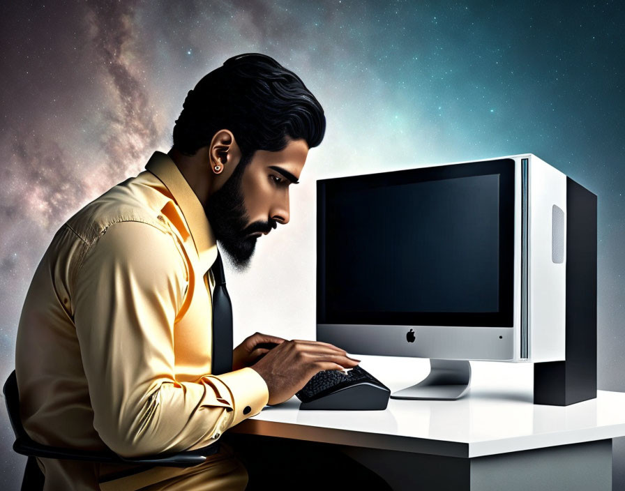 Man in yellow shirt typing on computer with cosmic background