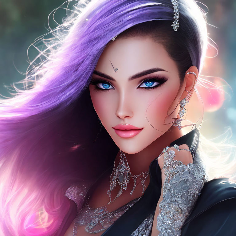 Vibrant purple hair and silver jewelry on woman in digital art portrait
